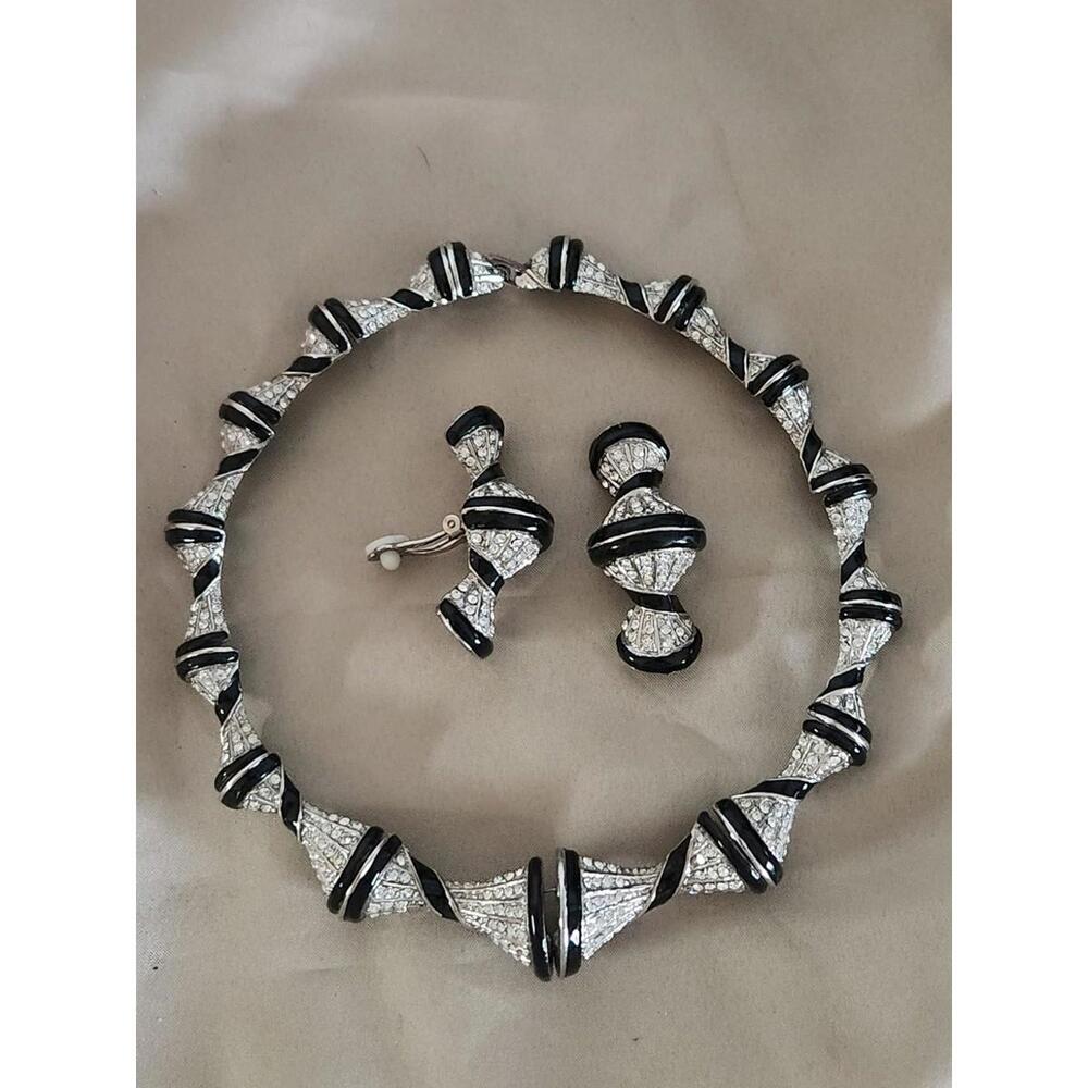 Rare Vintage Choker N Earrings Silvertone And Black Unsigned Statement.30s/50s